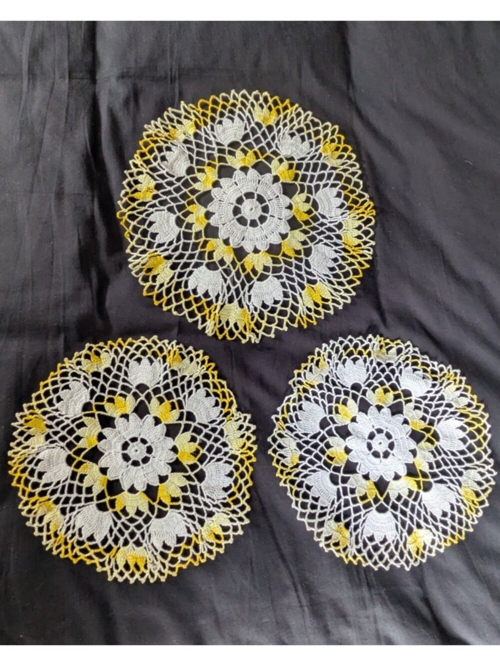 Handmade Crochet Doily Set of 3 Round White and Yellow Cotton Thread 13" and 10"